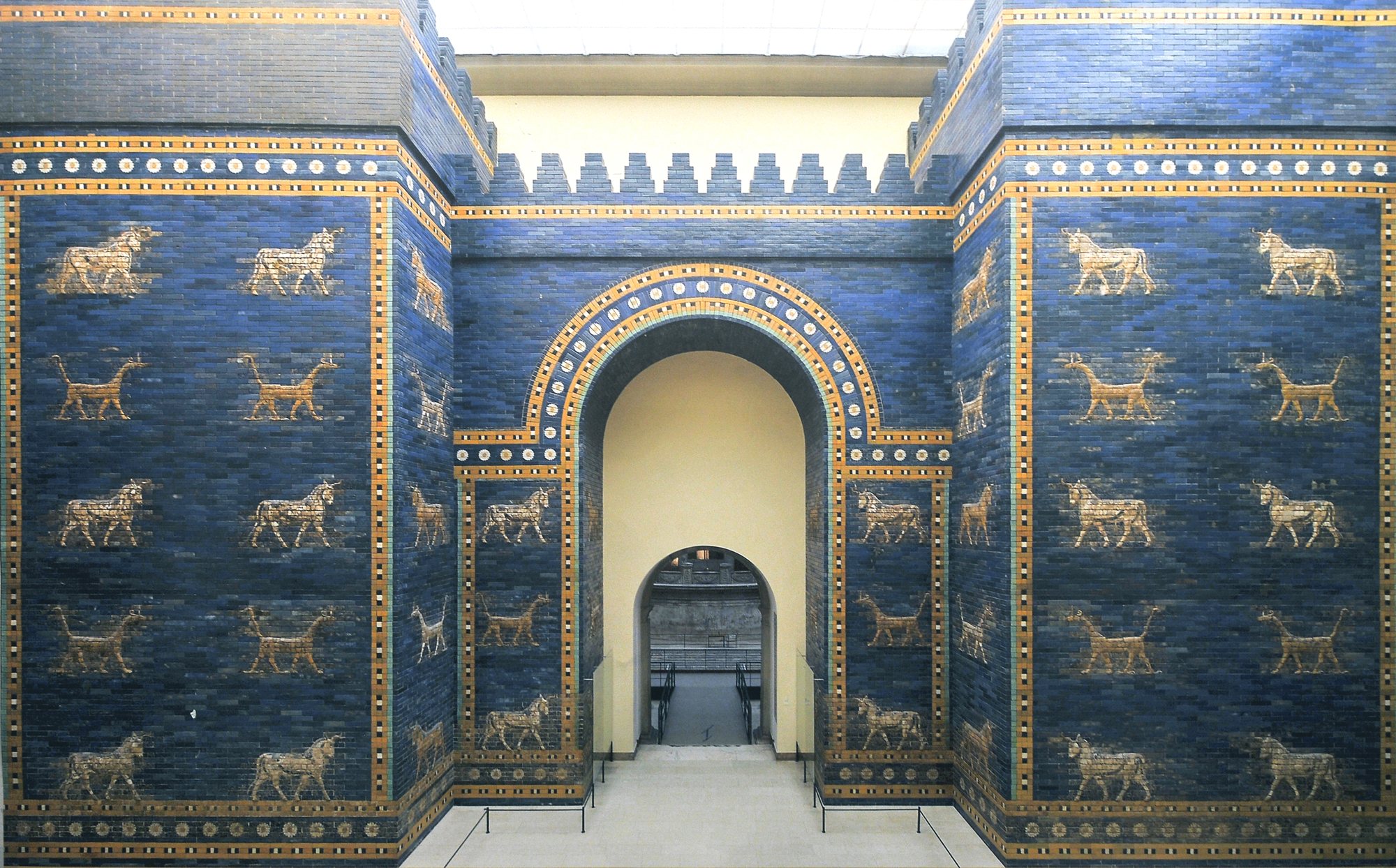 The blue glazed-brick Ishtar Gate of Babylon with its golden bulls and dragons